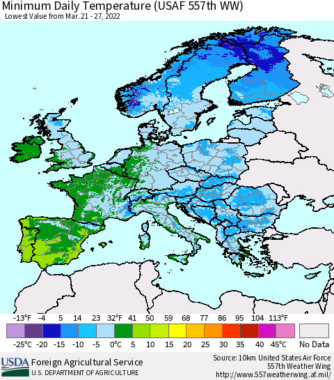 Europe Minimum Daily Temperature (USAF 557th WW) Thematic Map For 3/21/2022 - 3/27/2022