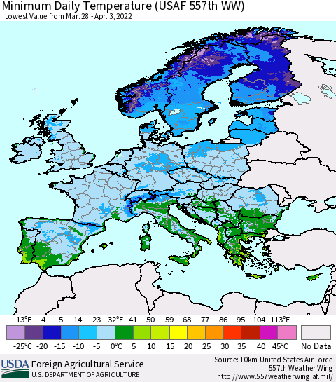 Europe Minimum Daily Temperature (USAF 557th WW) Thematic Map For 3/28/2022 - 4/3/2022