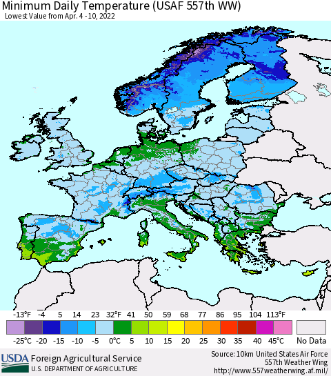 Europe Minimum Daily Temperature (USAF 557th WW) Thematic Map For 4/4/2022 - 4/10/2022
