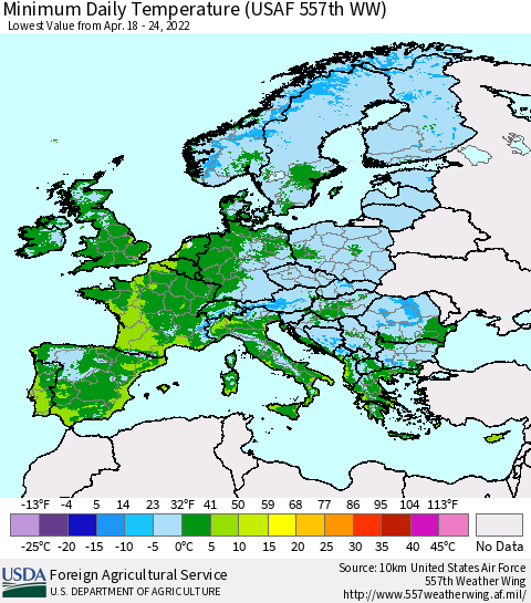 Europe Minimum Daily Temperature (USAF 557th WW) Thematic Map For 4/18/2022 - 4/24/2022