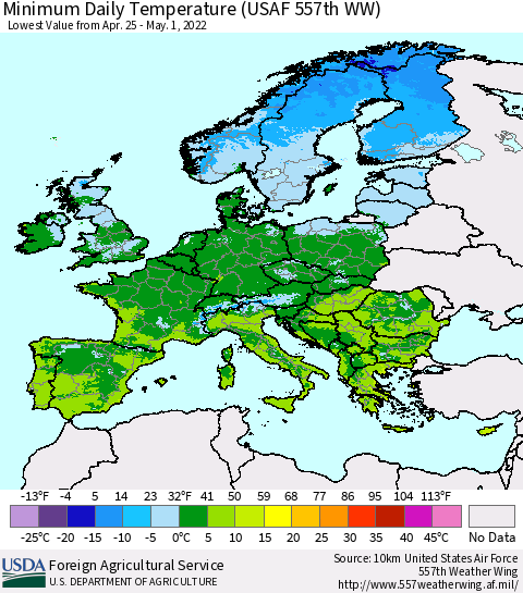 Europe Minimum Daily Temperature (USAF 557th WW) Thematic Map For 4/25/2022 - 5/1/2022