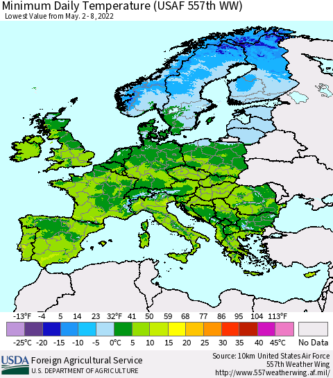 Europe Minimum Daily Temperature (USAF 557th WW) Thematic Map For 5/2/2022 - 5/8/2022