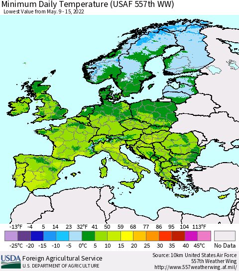 Europe Minimum Daily Temperature (USAF 557th WW) Thematic Map For 5/9/2022 - 5/15/2022