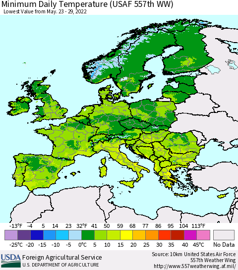 Europe Minimum Daily Temperature (USAF 557th WW) Thematic Map For 5/23/2022 - 5/29/2022