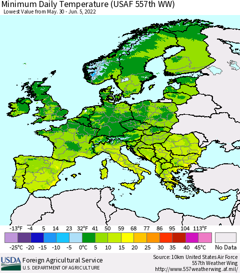 Europe Minimum Daily Temperature (USAF 557th WW) Thematic Map For 5/30/2022 - 6/5/2022