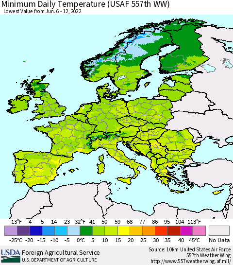 Europe Minimum Daily Temperature (USAF 557th WW) Thematic Map For 6/6/2022 - 6/12/2022