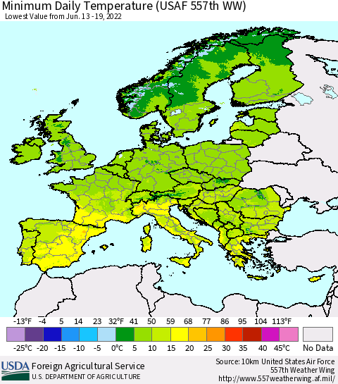 Europe Minimum Daily Temperature (USAF 557th WW) Thematic Map For 6/13/2022 - 6/19/2022