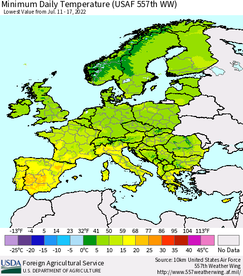 Europe Minimum Daily Temperature (USAF 557th WW) Thematic Map For 7/11/2022 - 7/17/2022