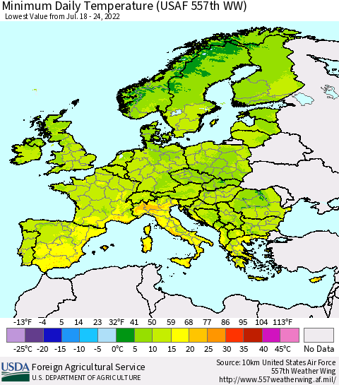 Europe Minimum Daily Temperature (USAF 557th WW) Thematic Map For 7/18/2022 - 7/24/2022