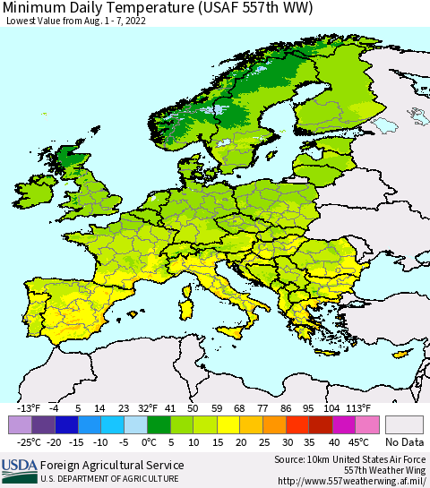 Europe Minimum Daily Temperature (USAF 557th WW) Thematic Map For 8/1/2022 - 8/7/2022