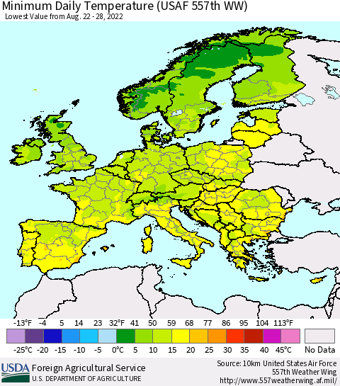 Europe Minimum Daily Temperature (USAF 557th WW) Thematic Map For 8/22/2022 - 8/28/2022