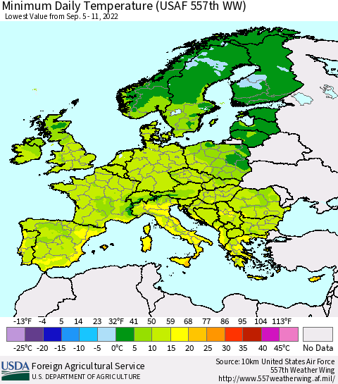 Europe Minimum Daily Temperature (USAF 557th WW) Thematic Map For 9/5/2022 - 9/11/2022