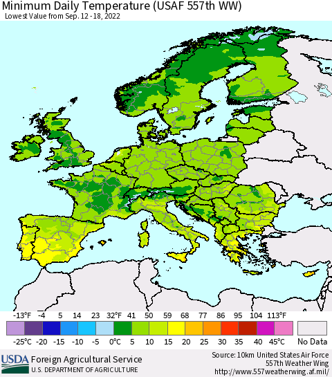 Europe Minimum Daily Temperature (USAF 557th WW) Thematic Map For 9/12/2022 - 9/18/2022
