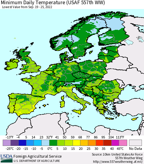Europe Minimum Daily Temperature (USAF 557th WW) Thematic Map For 9/19/2022 - 9/25/2022