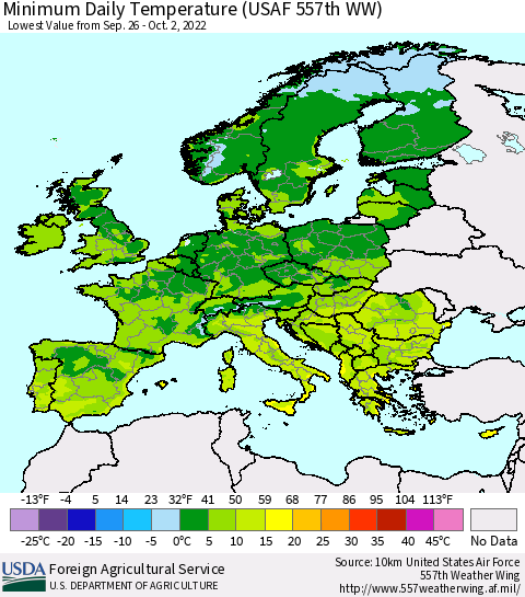 Europe Minimum Daily Temperature (USAF 557th WW) Thematic Map For 9/26/2022 - 10/2/2022