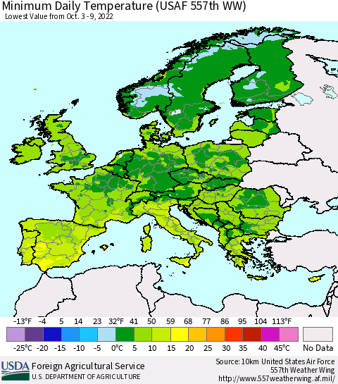 Europe Minimum Daily Temperature (USAF 557th WW) Thematic Map For 10/3/2022 - 10/9/2022