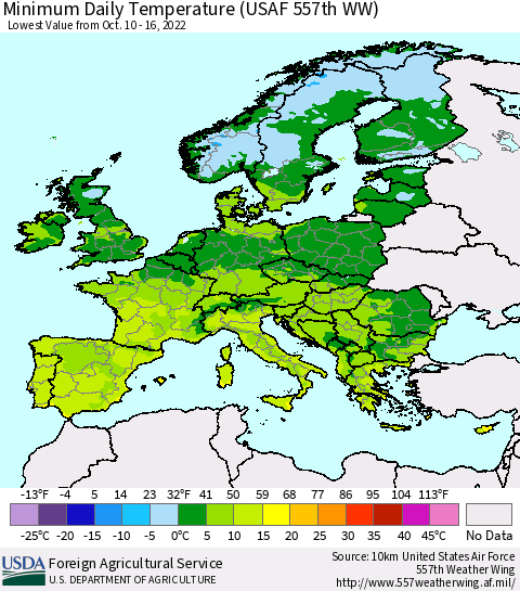 Europe Minimum Daily Temperature (USAF 557th WW) Thematic Map For 10/10/2022 - 10/16/2022