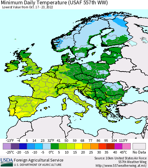 Europe Minimum Daily Temperature (USAF 557th WW) Thematic Map For 10/17/2022 - 10/23/2022