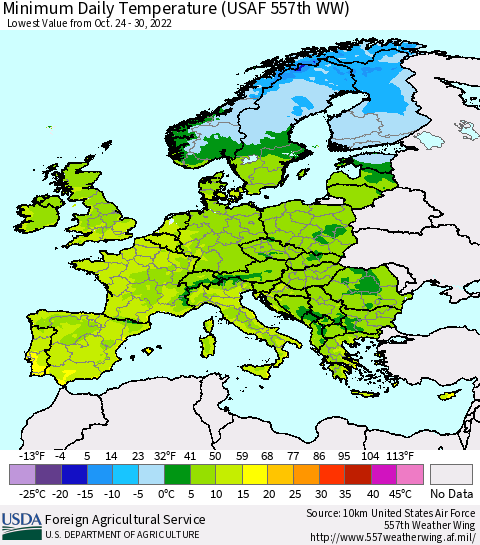 Europe Minimum Daily Temperature (USAF 557th WW) Thematic Map For 10/24/2022 - 10/30/2022