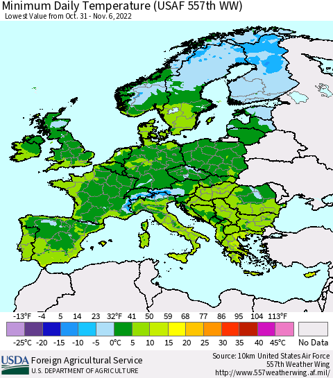 Europe Minimum Daily Temperature (USAF 557th WW) Thematic Map For 10/31/2022 - 11/6/2022