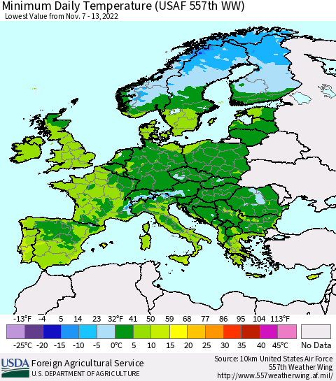 Europe Minimum Daily Temperature (USAF 557th WW) Thematic Map For 11/7/2022 - 11/13/2022
