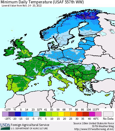 Europe Minimum Daily Temperature (USAF 557th WW) Thematic Map For 11/14/2022 - 11/20/2022