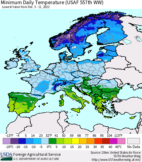 Europe Minimum Daily Temperature (USAF 557th WW) Thematic Map For 12/5/2022 - 12/11/2022