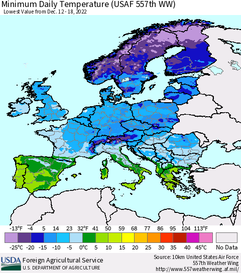Europe Minimum Daily Temperature (USAF 557th WW) Thematic Map For 12/12/2022 - 12/18/2022