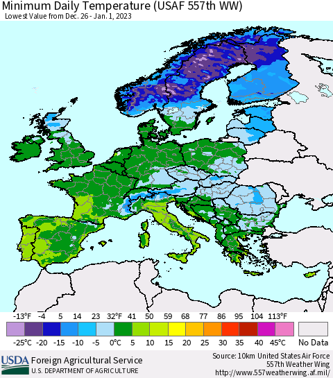 Europe Minimum Daily Temperature (USAF 557th WW) Thematic Map For 12/26/2022 - 1/1/2023