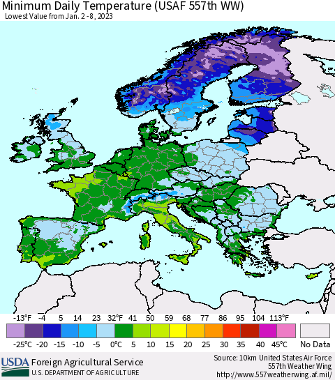 Europe Minimum Daily Temperature (USAF 557th WW) Thematic Map For 1/2/2023 - 1/8/2023