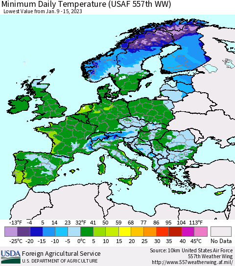 Europe Minimum Daily Temperature (USAF 557th WW) Thematic Map For 1/9/2023 - 1/15/2023