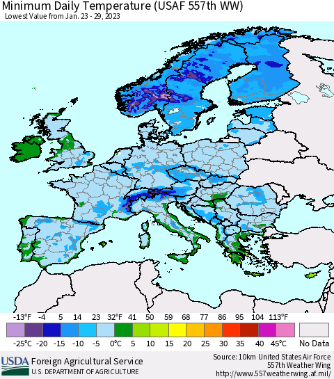 Europe Minimum Daily Temperature (USAF 557th WW) Thematic Map For 1/23/2023 - 1/29/2023