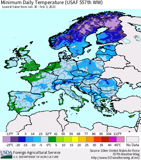 Europe Minimum Daily Temperature (USAF 557th WW) Thematic Map For 1/30/2023 - 2/5/2023