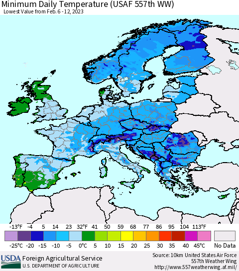 Europe Minimum Daily Temperature (USAF 557th WW) Thematic Map For 2/6/2023 - 2/12/2023