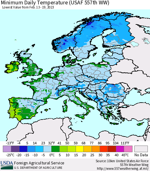 Europe Minimum Daily Temperature (USAF 557th WW) Thematic Map For 2/13/2023 - 2/19/2023