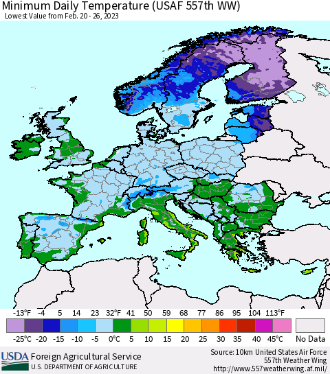 Europe Minimum Daily Temperature (USAF 557th WW) Thematic Map For 2/20/2023 - 2/26/2023