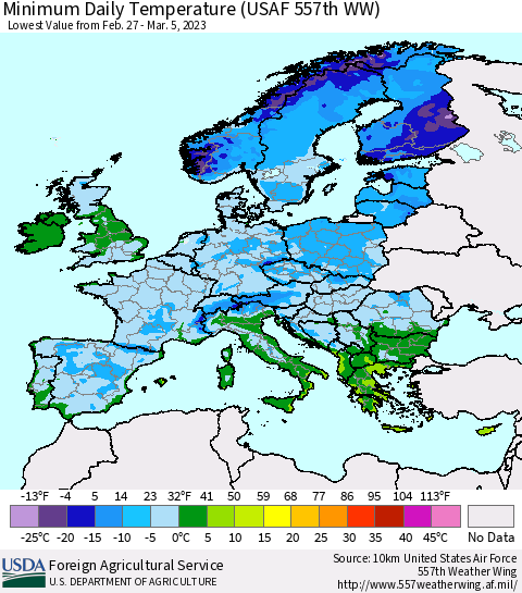 Europe Minimum Daily Temperature (USAF 557th WW) Thematic Map For 2/27/2023 - 3/5/2023