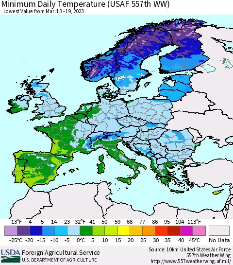 Europe Minimum Daily Temperature (USAF 557th WW) Thematic Map For 3/13/2023 - 3/19/2023