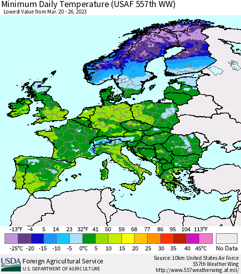 Europe Minimum Daily Temperature (USAF 557th WW) Thematic Map For 3/20/2023 - 3/26/2023