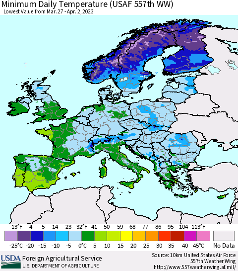 Europe Minimum Daily Temperature (USAF 557th WW) Thematic Map For 3/27/2023 - 4/2/2023