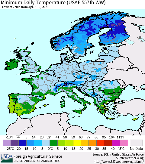 Europe Minimum Daily Temperature (USAF 557th WW) Thematic Map For 4/3/2023 - 4/9/2023
