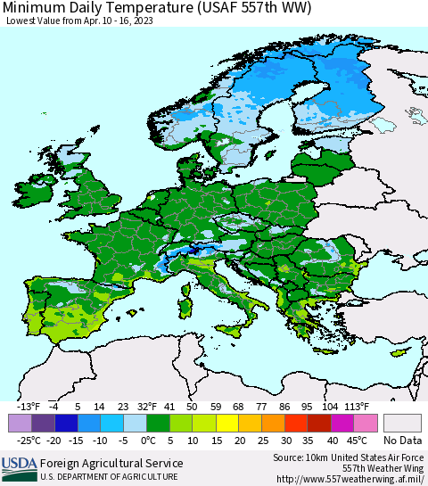 Europe Minimum Daily Temperature (USAF 557th WW) Thematic Map For 4/10/2023 - 4/16/2023
