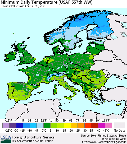 Europe Minimum Daily Temperature (USAF 557th WW) Thematic Map For 4/17/2023 - 4/23/2023