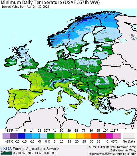 Europe Minimum Daily Temperature (USAF 557th WW) Thematic Map For 4/24/2023 - 4/30/2023