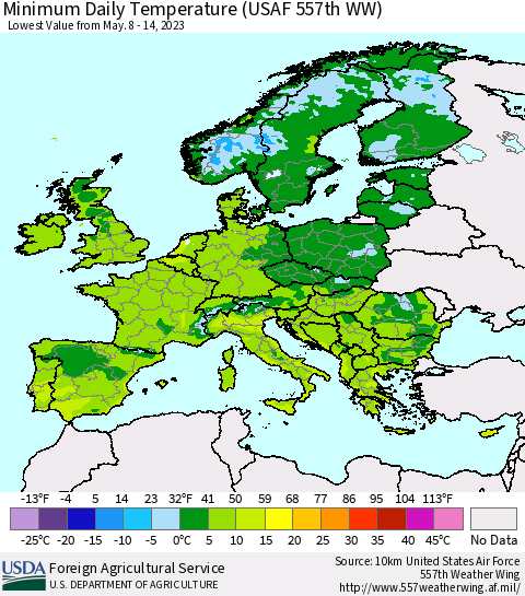 Europe Minimum Daily Temperature (USAF 557th WW) Thematic Map For 5/8/2023 - 5/14/2023