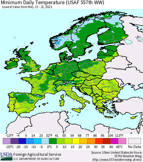 Europe Minimum Daily Temperature (USAF 557th WW) Thematic Map For 5/15/2023 - 5/21/2023