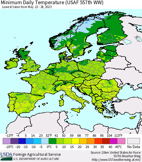 Europe Minimum Daily Temperature (USAF 557th WW) Thematic Map For 5/22/2023 - 5/28/2023