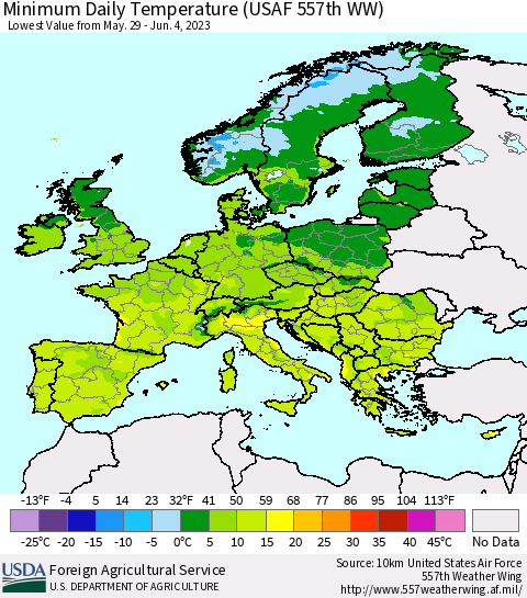Europe Minimum Daily Temperature (USAF 557th WW) Thematic Map For 5/29/2023 - 6/4/2023