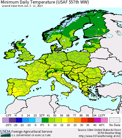 Europe Minimum Daily Temperature (USAF 557th WW) Thematic Map For 6/5/2023 - 6/11/2023