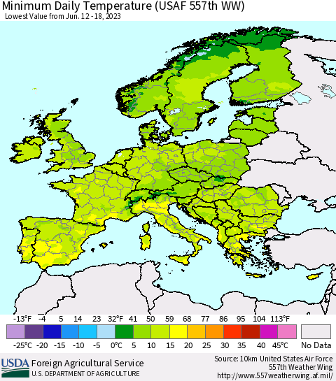 Europe Minimum Daily Temperature (USAF 557th WW) Thematic Map For 6/12/2023 - 6/18/2023